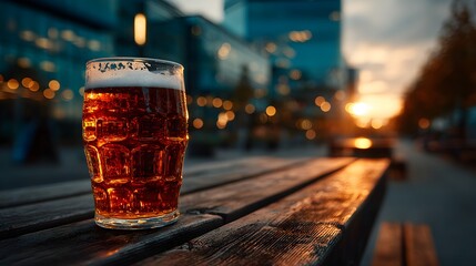 Glass of Beer at Sunset on Wooden Table featuring modern architecture sunlit transparency geometric reflections with cinematic lighting atmospheric depth