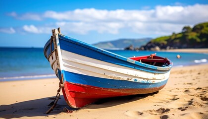 Colorful fishing boat on sandy beach, ocean view