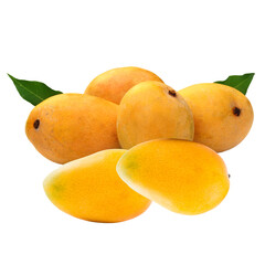 Fresh ripe yellow mangoes with green leaves