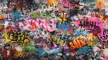 Vibrant Graffiti Art Wall With Colorful Spray Paint Tags And Drips.