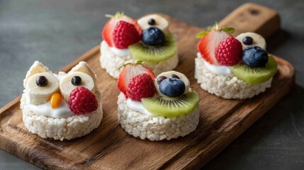 Four whimsical owl-shaped snacks made from rice cakes, topped with yogurt and colorful fruits, are arranged on a wooden board, ideal for a festive gathering or childrens party.
