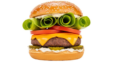 An irresistible classic cheeseburger piled high with fresh toppings and ready to devour on transparent background