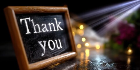 Chalkboard thank you message with soft lighting and blurred background display at an evening gathering