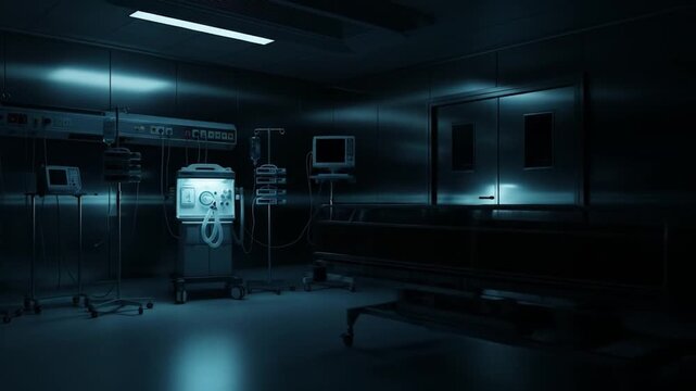 Eerie Hospital Room: Medical Equipment in Dim Cyan Light