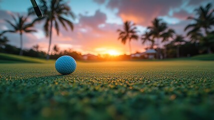 A golf ball sits on a manicured green at sunset, with palm trees and a vibrant sky