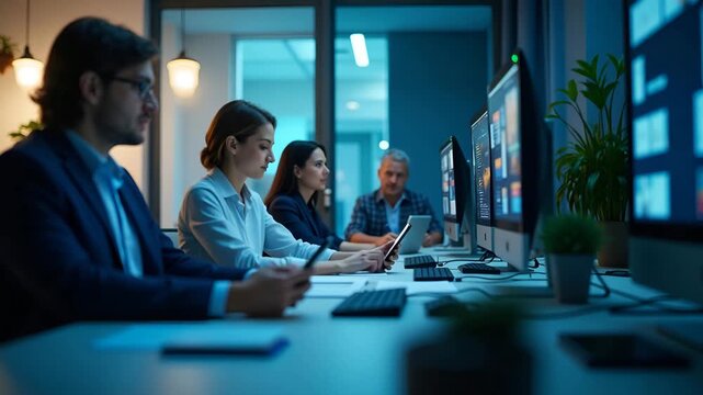 Business People Working with Computers and Smartphones Symbolizing Top Service ISO Certification Document Management Systems and Quality Assurance - Photo Stock Concept with Empty Space