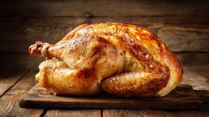 A beautifully roasted turkey rests on a wooden cutting board, showcasing its golden-brown skin. The rustic setting suggests a familial atmosphere during a festive gathering.
