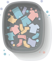 Laundry basket with colorful apparel, pastel tones, flat style