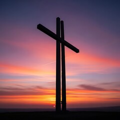 A dramatic silhouette of a large cross against a vibrant sunrise, showcasing the peaceful beauty of the landscape.