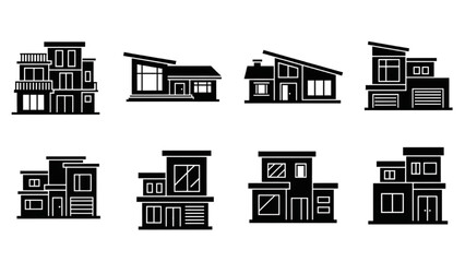 Fototapeta premium Set of Modern House Silhouettes, Black Vector Home Icons, Minimalist Flat Design for Residential Architecture, Real Estate, and Urban Planning