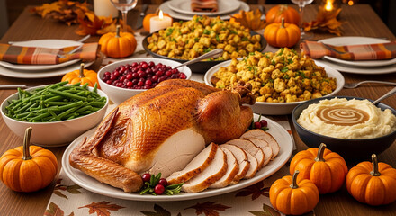 Roasted turkey centerpiece with sliced breast, surrounded by mashed potatoes, stuffing, green beans, cranberry sauce, and pumpkins. Thanksgiving feast, symbolizing family, tradition, and abundance
