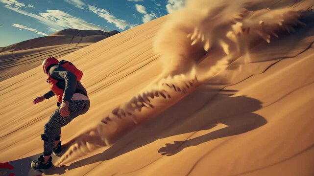 Extreme sports athlete riding down a massive sand dune at speed, with sand flying behind, illustrating adrenaline, skill, and adventure
