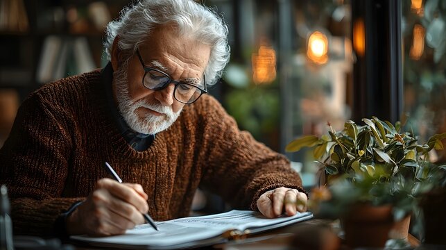 Elderly man with glasses and beard writing diligently at a table in a cozy warm setting - Powered by Adobe