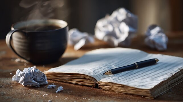Writers Desk with Coffee and Notebook.