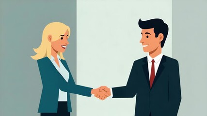 Flat Business handshake of happy female hr bank manager financial advisor and male recruit partner or insured client consulting meeting deal hiring job interview partnership corporate agreement. conce - Powered by Adobe