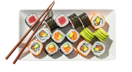 A delicious assortment of freshly made sushi rolls served on a white plate with chopsticks on transparent background