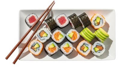 A delicious assortment of freshly made sushi rolls served on a white plate with chopsticks on transparent background