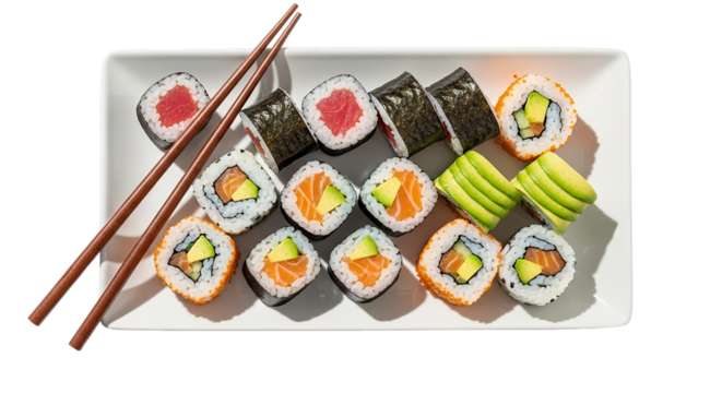A delicious assortment of freshly made sushi rolls served on a white plate with chopsticks on transparent background