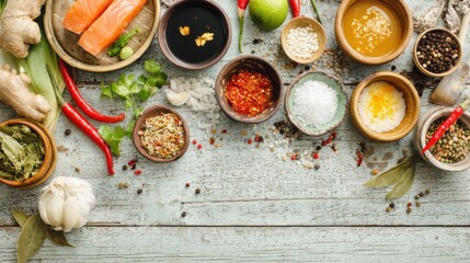 Colorful array of fresh ingredients is displayed on a rustic wooden table. Salmon, various spices, herbs, and sauces are prepared for cooking a flavorful dish.