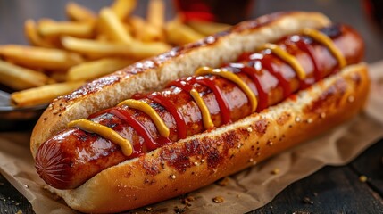 A hot dog with ketchup and mustard, served with french fries