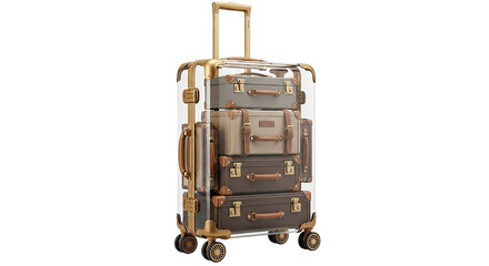 A clear suitcase containing a stacked collection of vintage trunks showcasing organized travel on transparent background