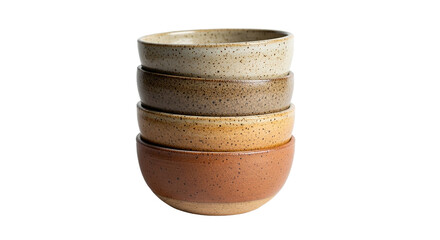 A rustic tower of handcrafted ceramic bowls each with unique speckled textures hinting at cozy on transparent background