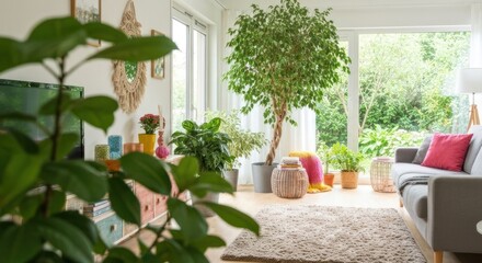 Bright, airy living room with abundant greenery