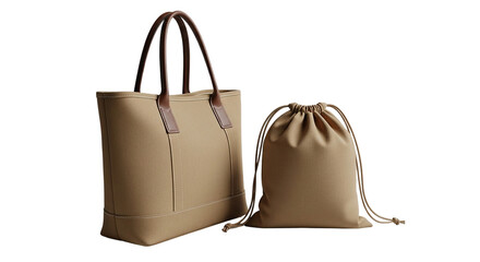 A timeless beige tote bag paired with a matching drawstring pouch exemplifying minimalist on transparent background