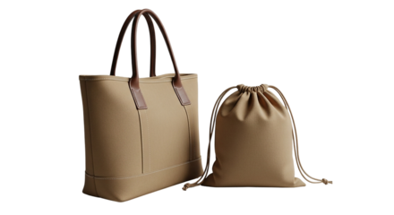 A timeless beige tote bag paired with a matching drawstring pouch exemplifying minimalist on transparent background
