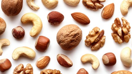 An assortment of various nuts including almonds, walnuts, cashews, and hazelnuts laid out on a clean white surface, highlighting the diversity of healthy snack choices.