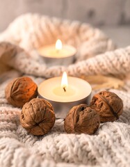 Cozy candles and walnuts on knit blanket