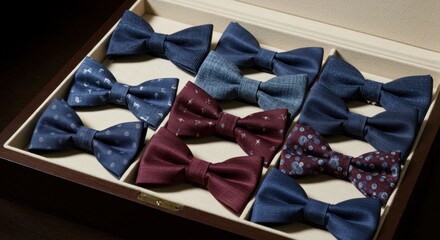 Assorted bow ties in a wooden box on display