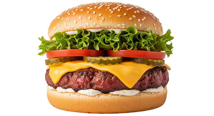 Sinking your teeth into a juicy flavorful burger stacked high with fresh toppings a savory on transparent background