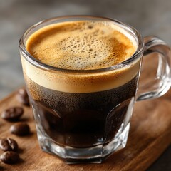 Close up view of glass cup filled with rich, dark coffee topped with creamy layer of froth, showcasing fine bubbles and beautiful tiger stripe pattern. warm tones evoke sense of comfort