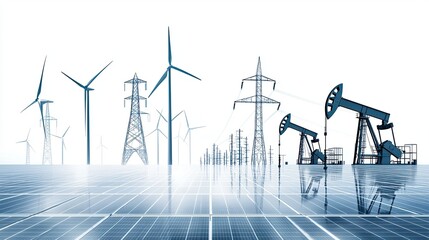 A futuristic cityscape with wind turbines, oil pumps, and solar panels.