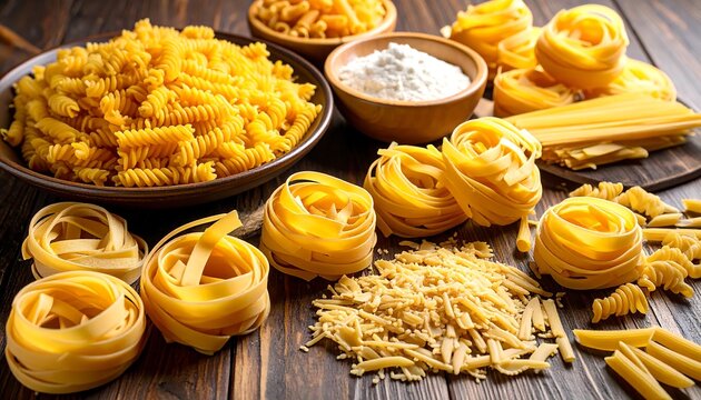 Assorted pasta types on a wooden table