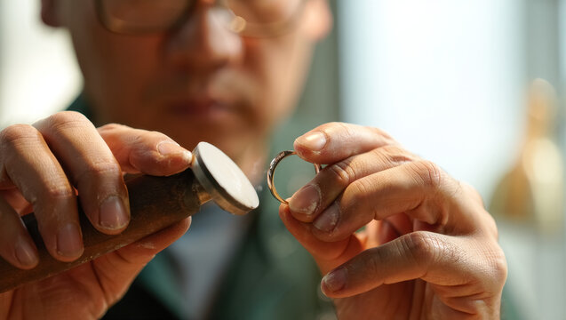 Close-up of skilled jeweler’s hands carefully polishing a ring with precision rotary tool, showing fine craftsmanship and attention to detail in professional jewelry workshop environment