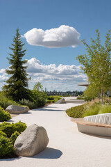 serene park featuring minimalistic landscape design enhanced with augmented reality infographics of plants