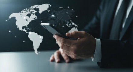 Businessman using smartphone, global network overlay