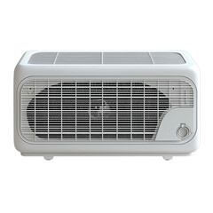 Fototapeta premium Compact white window air conditioner with visible grille and control knob, cool modern appliance providing relief on hot days