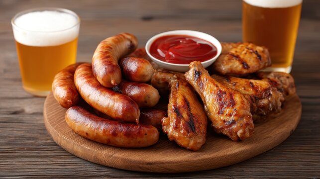 Grilled Sausages and Chicken Wings Served on Wooden Plate with Beer and Ketchup for a Delicious Outdoor Barbecue Experience