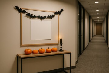 Photorealistic office corridor with wall noticeboard framed by subtle Halloween decor including bat garland, mini pumpkins on console and black LED candle, blank central poster area, corporate vibe