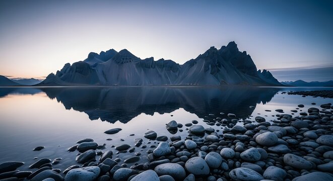 Mountain Silhouette still calm water in rocky beach film look - Powered by Adobe