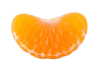 Close-up view of a vibrant, juicy mandarin orange segment, showcasing its textured skin and bright, appetizing color against a stark black background.