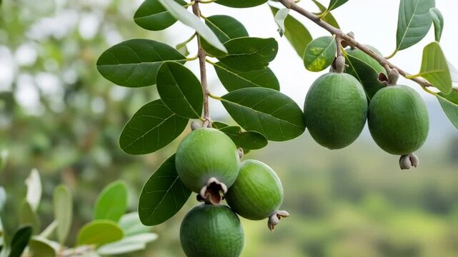 Close-up of green feijoa fruits hanging from a branch with lush leaves in a natural outdoor setting.