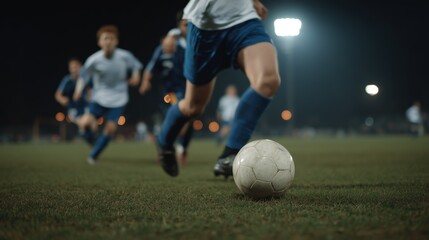 Obraz premium Soccer ball on the field with players blurred in the background at night