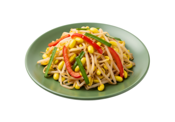 A vibrant dish of sauteed mung bean sprouts, bell peppers, and scallions on a green plate.