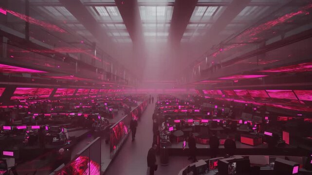 A top-down, floor multiple red tables stock values. smoke nearby buildings obscure sunlight, heavy, dystopian feel. Neon red numbers: economic collapse, market panic, recession. cinematic tension