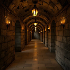 Medieval Stone Corridor with Lanterns