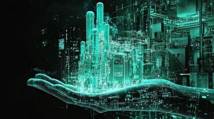 A futuristic cityscape with a hand holding a glowing green structure.